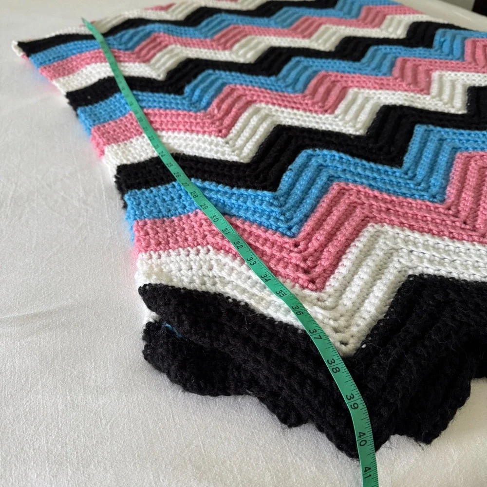 Handmade Crochet Afghan Blanket Chevron Ripple Pink Blue Black 80x132 Throw XL